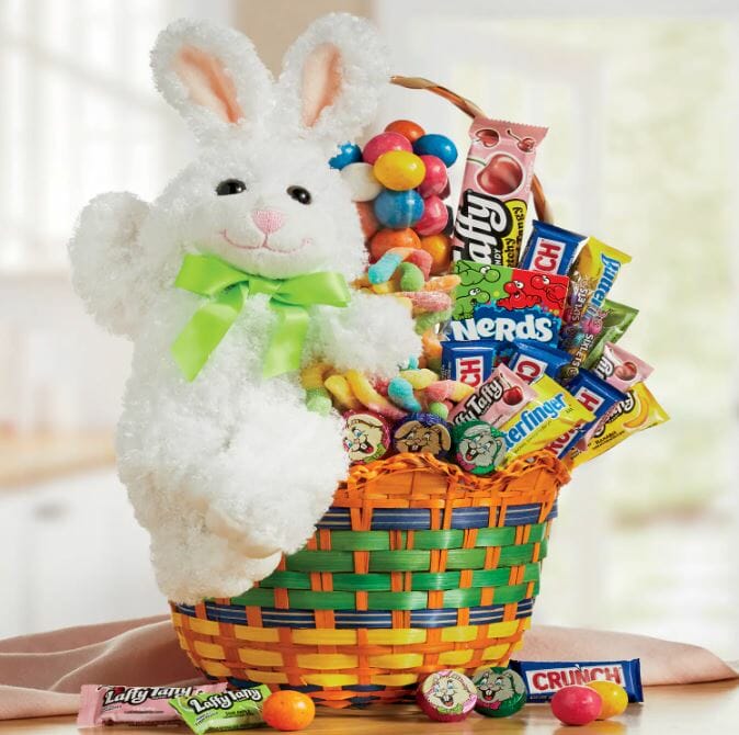 Easter basket with plush rabbit and an assortment of colorful candies