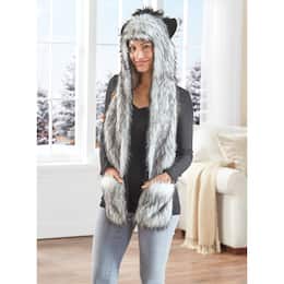 Faux-Fur Animal Hat with Scarf, , large